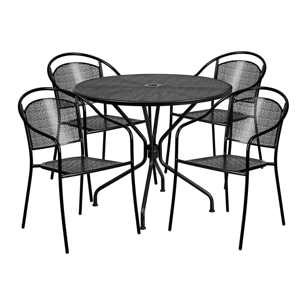 999-M131 35 1/4" Round Patio Table w/ (4) Round Back Arm Chairs - Steel, Black w/ Rainflower...