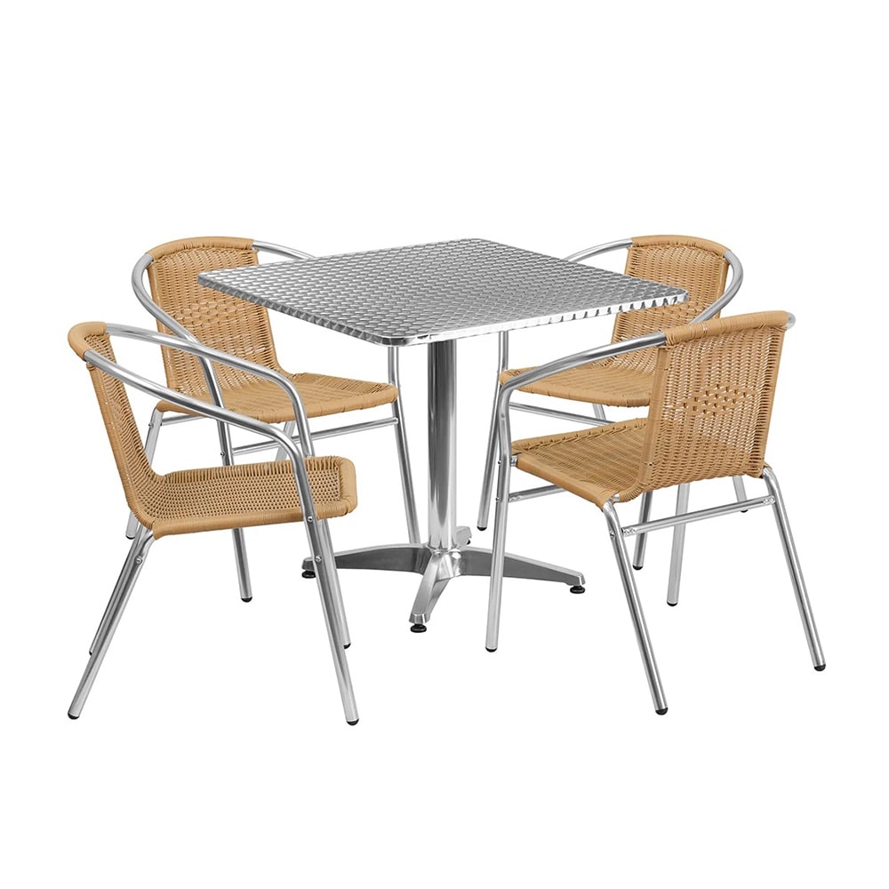 999-M245 31 1/2" Square Patio Table w/ (4) Rattan Arm Chairs - Smooth Stainless Steel Top, A...