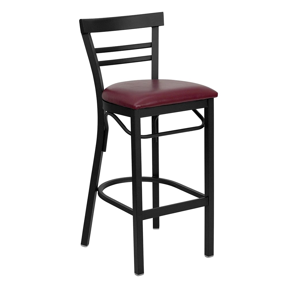 999-M058 Bar Stool w/ Black Powder Coated Steel Ladder Back, Burgundy Vinyl Seat