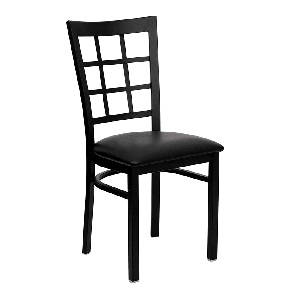 999-M141 Restaurant Chair w/ Window Pane Back - Black Vinyl Seat w/ Black Powder Coated Steel Fra...