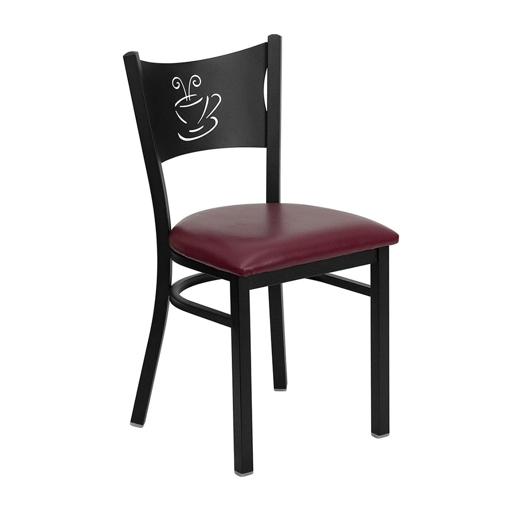 999-M203 Restaurant Chair w/ Coffee Cutout - Black Powder Coated Steel Frame w/ Burgundy Vinyl Se...