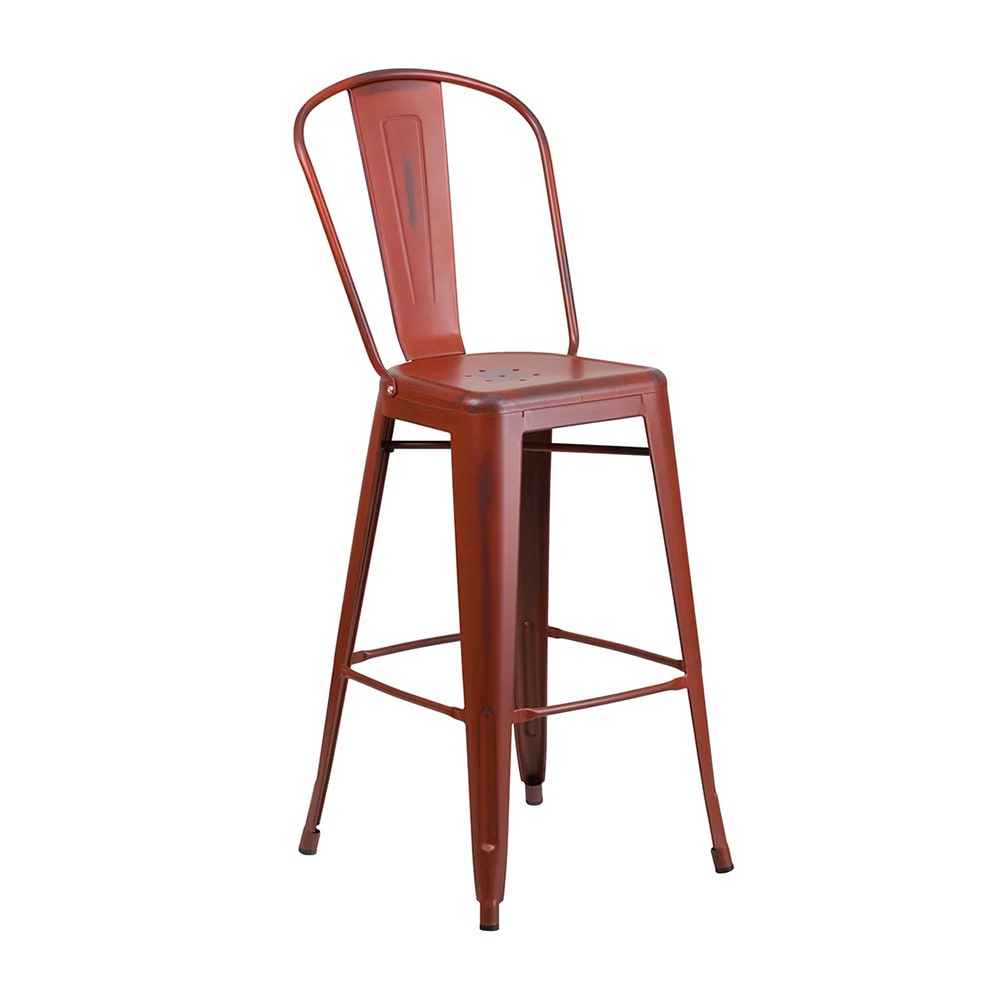 999-M216 Bar Stool w/ Curved Back & Metal Seat, Distressed Kelly Red