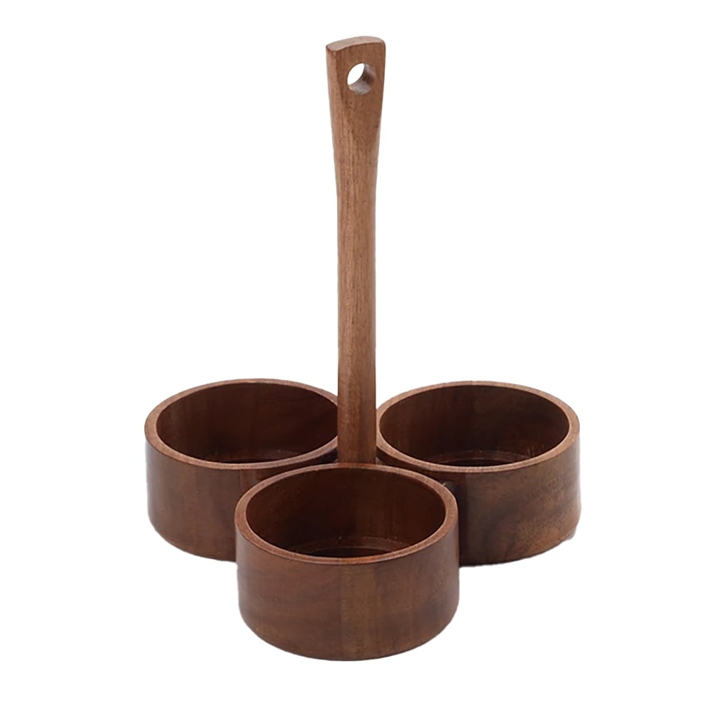 166-SCAW7 3 Compartment Round Condiment Caddy - Wood, Brown