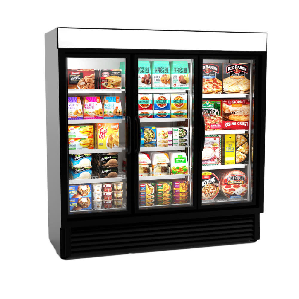 043-VRL3B1A 78 1/4" Three Section Display Freezer w/ Swing Door - Bottom Mount Compressor, B...