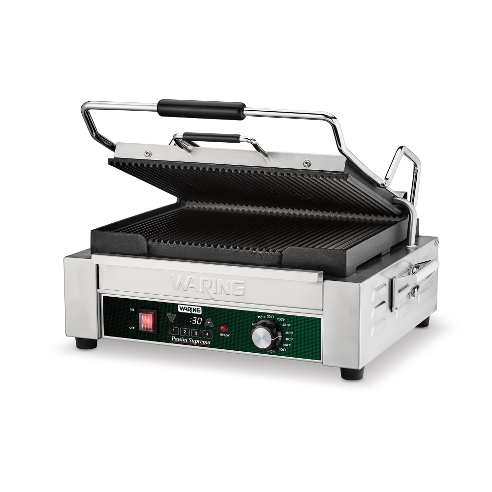 141-WPG250TX Single Commercial Panini Press w/ Cast Iron Grooved Plates - 120v