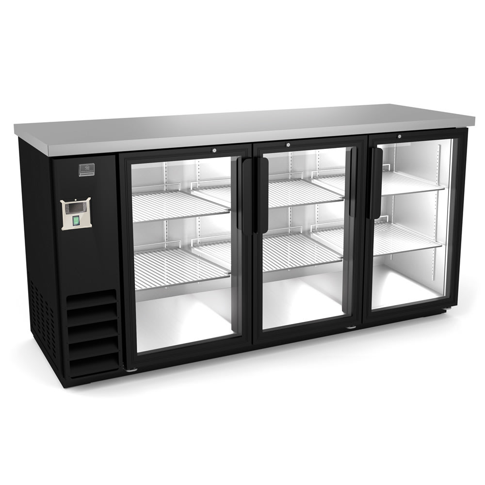 260-KCHBB72G 73" Bar Refrigerator - 3 Swinging Glass Doors, Black, 115v