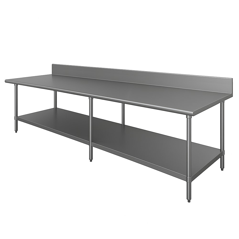 009-KSS368 96" 14 ga Work Table w/ Undershelf & 304 Series Stainless Top, 5" Backsp...