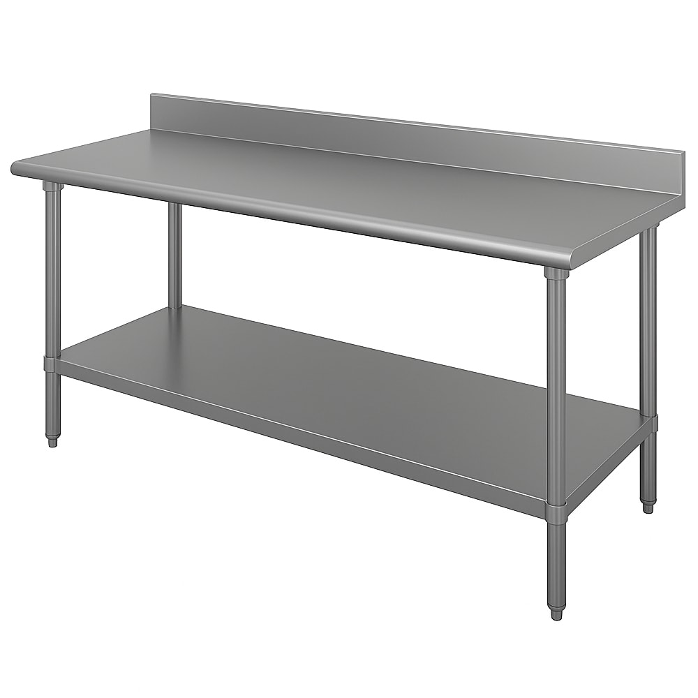 009-KSS366 72" 14 ga Work Table w/ Undershelf & 304 Series Stainless Top, 5" Backsp...