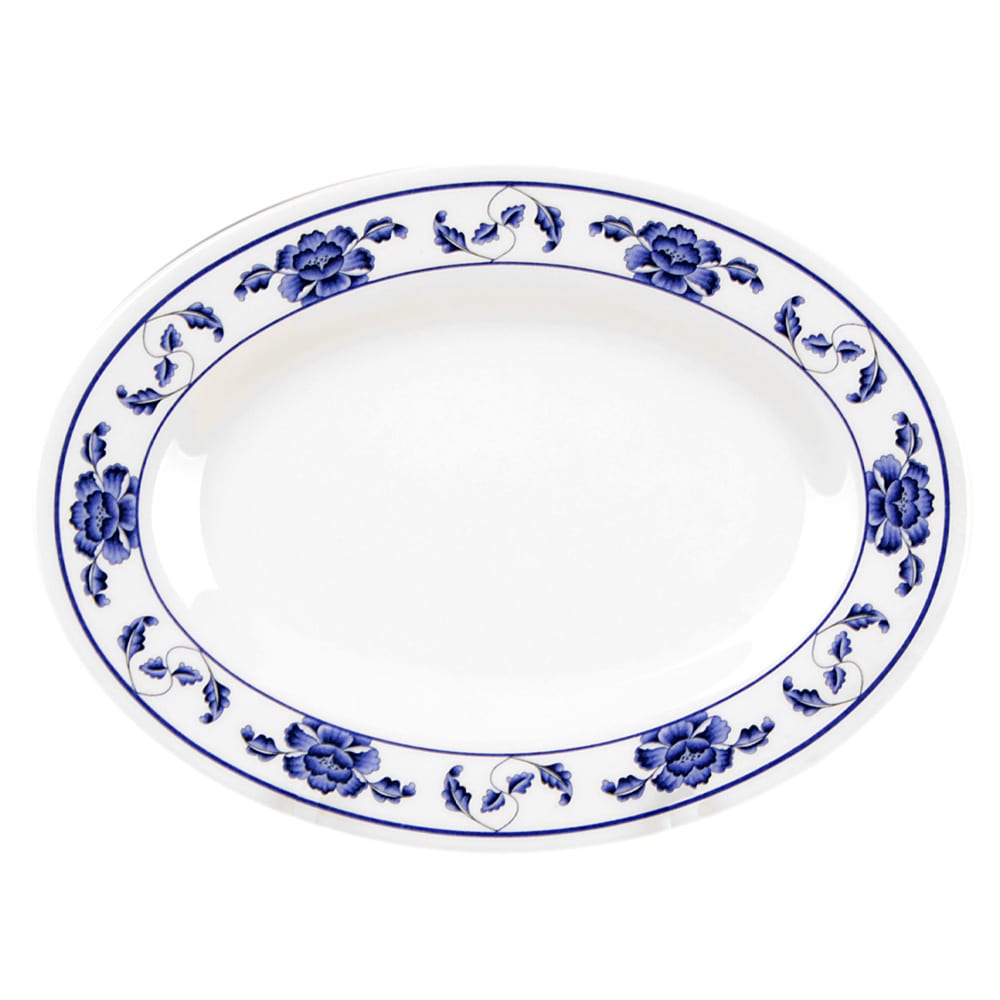 438-2008TB 8" x 6" Oval Lotus Platter - Melamine, White/Blue