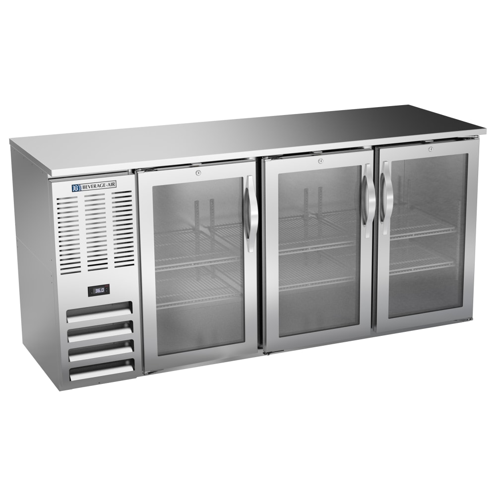 118-BB72HC1FGS27 72" Bar Refrigerator - 3 Swinging Glass Doors, Stainless, 115v