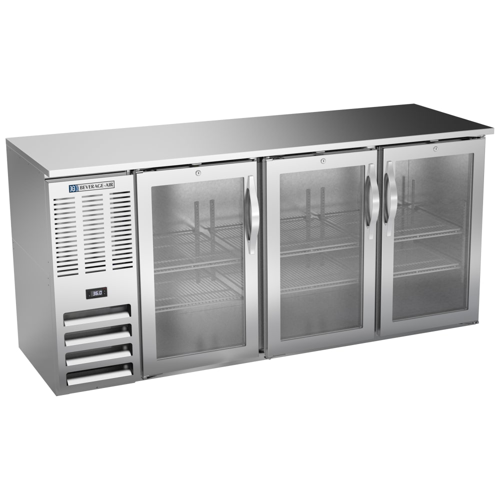118-BB72HC1GS27 72" Bar Refrigerator - 3 Swinging Glass Doors, Stainless, 115v