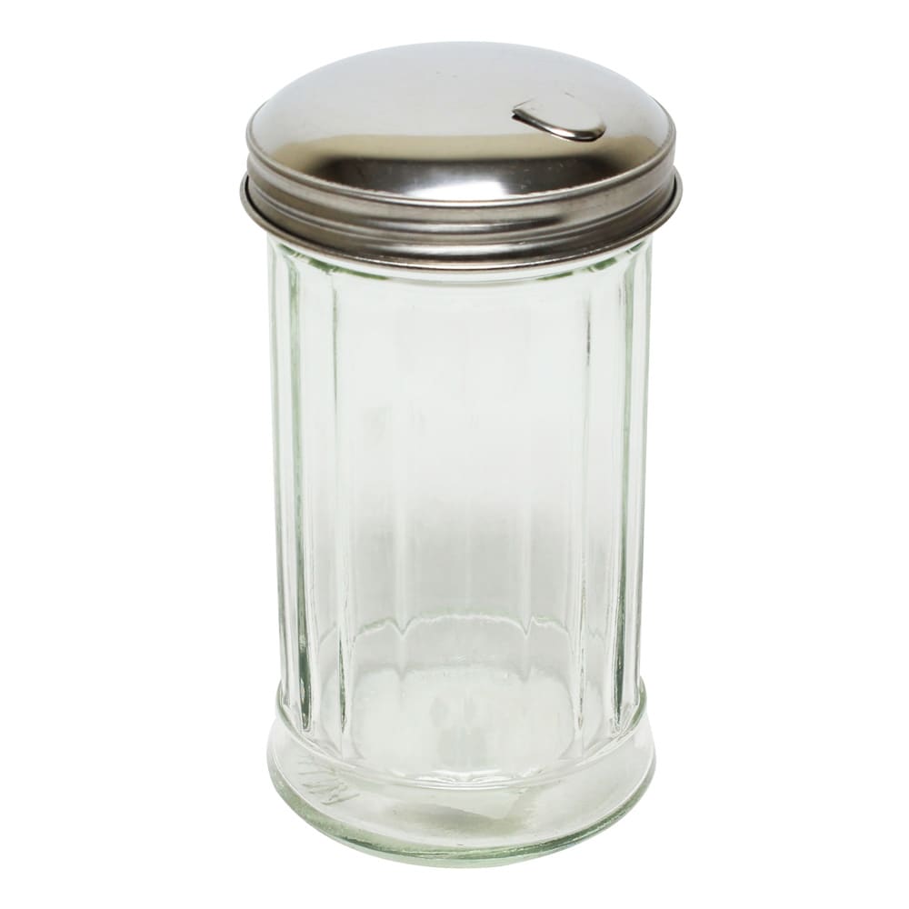 438-GLTWSJ012 12 oz Glass Sugar Pourer w/ Flip Cap Stainless Steel Top