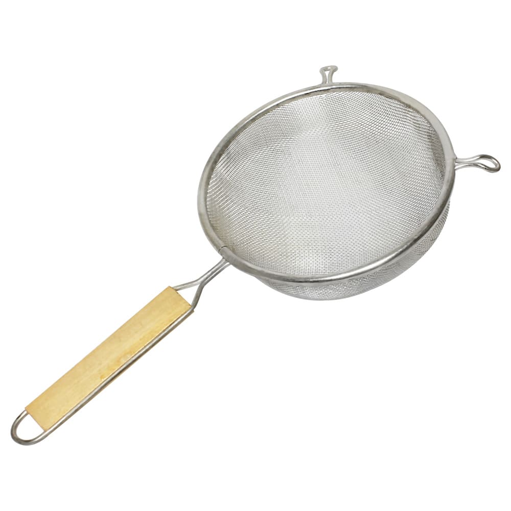 438-SLSTN3308 8" Strainer w/ Single Medium Mesh & Wooden Handle, Tin
