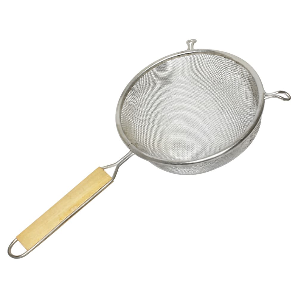 438-SLSTN5308 8" Strainer w/ Single Medium Mesh & Wooden Handle, Stainless Steel