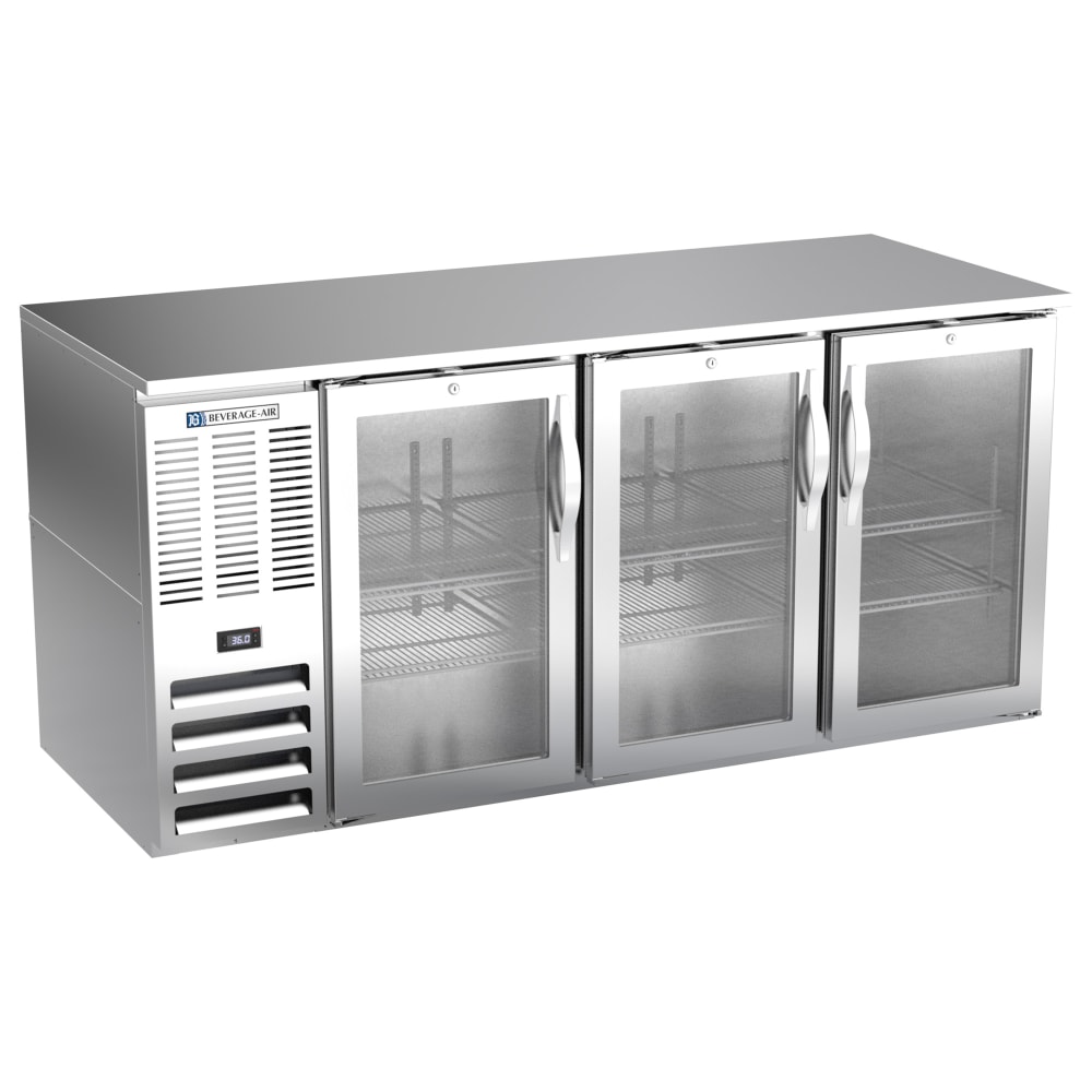 118-BB72HCGSALT 72" Bar Refrigerator - 3 Swinging Glass Doors, Stainless, 115v