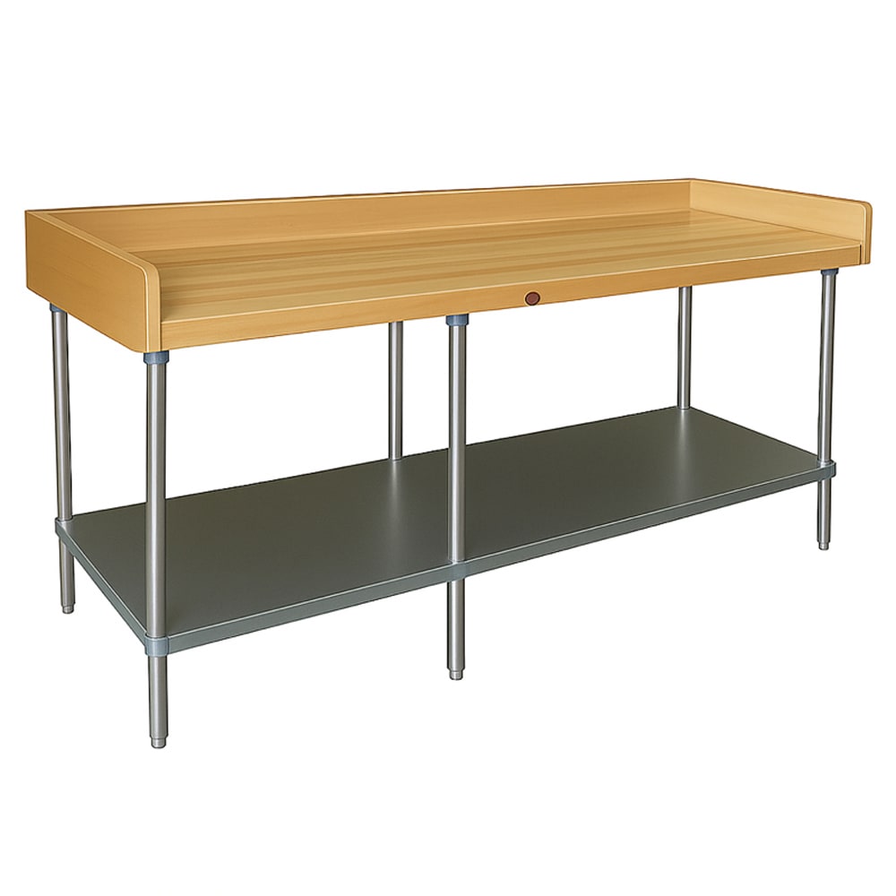 009-BS308 96" Maple Top Bakers Table w/ 4" Splash & Undershelf, 30"D