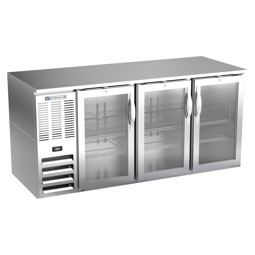 118-BB72HC1GS 72" Bar Refrigerator - 3 Swinging Glass Doors, Stainless, 115v
