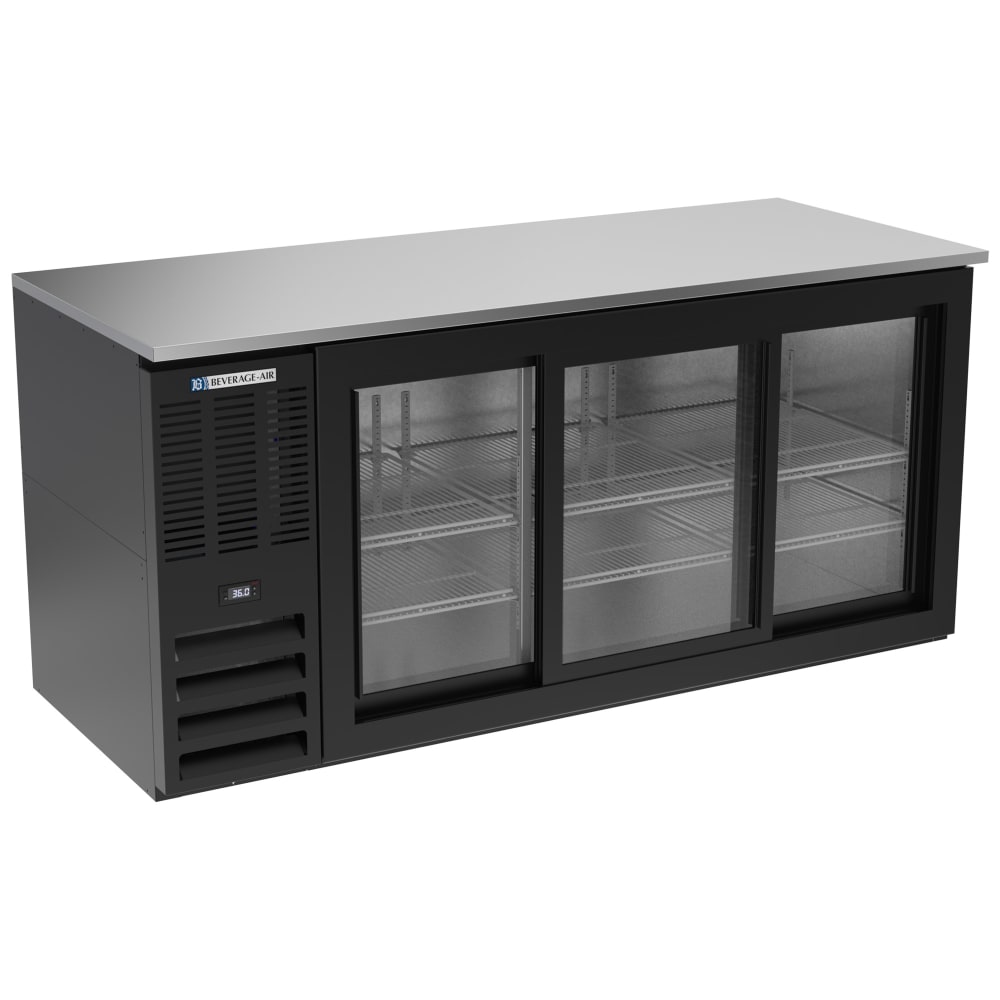 118-BB72HC1GSB 72" Bar Refrigerator - 3 Sliding Glass Doors, Black, 115v