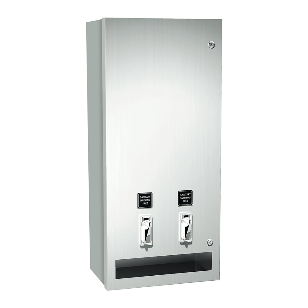 244-100864F Surface Mount Sanitary Napkin/Tampon Dispenser - Free Vend, Stainless Steel