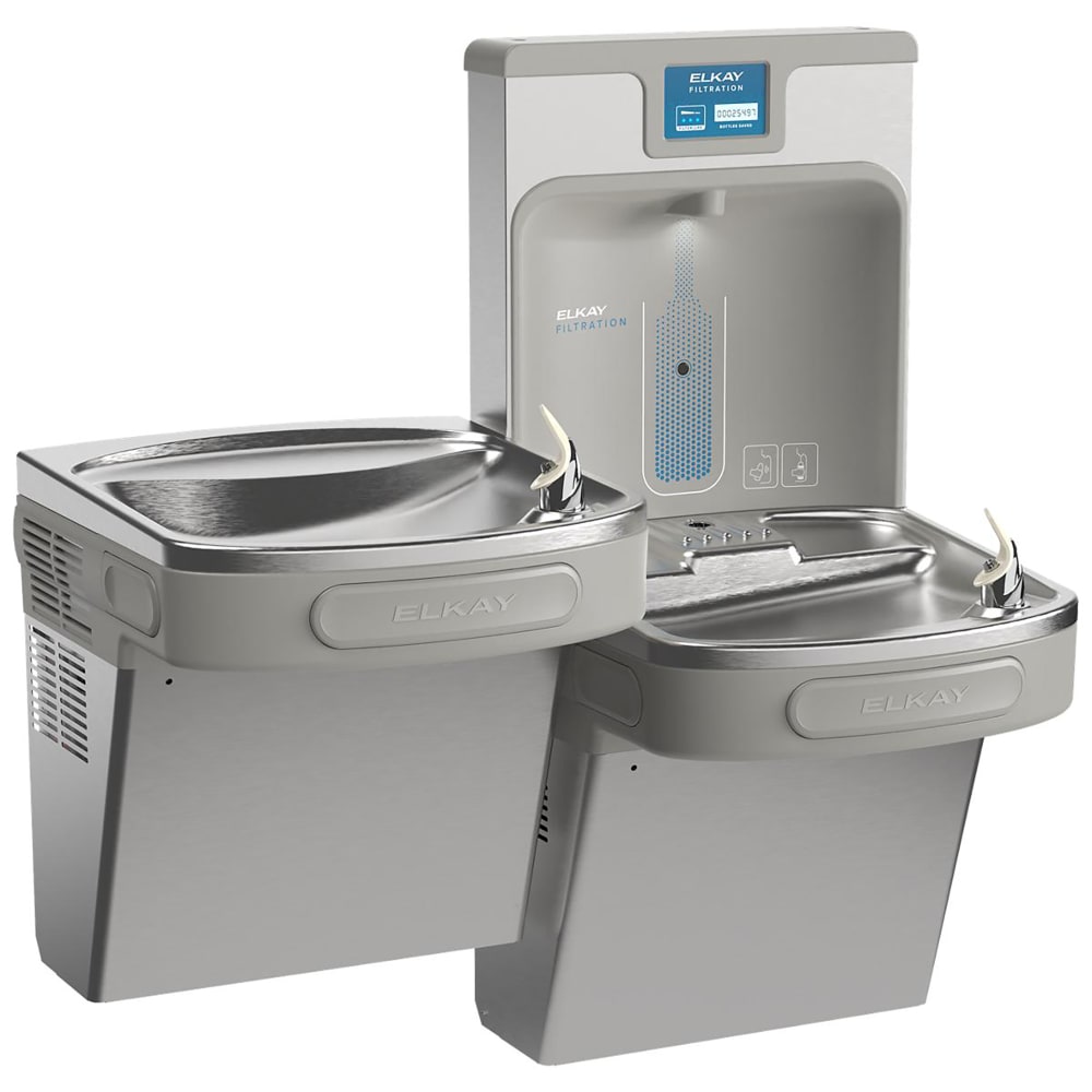 189-LZSTL8WSSK Wall Mount Bi Level Drinking Fountain w/ Bottle Filler - Filtered, Refrigerated, S...