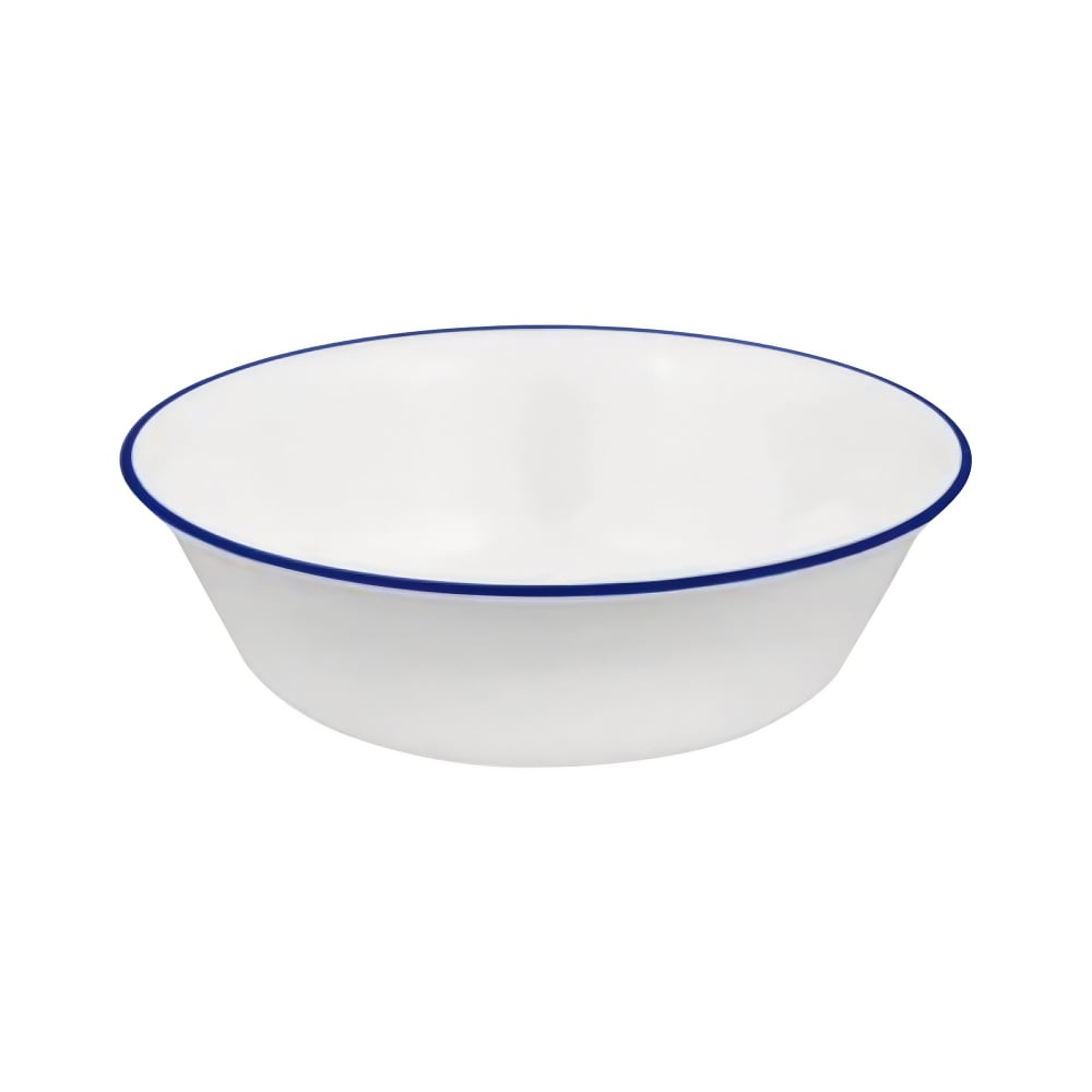 075-1151600 18 oz Round Essentials Bowl - Vitrelle® Glass, Brightest White w/ Blue Band