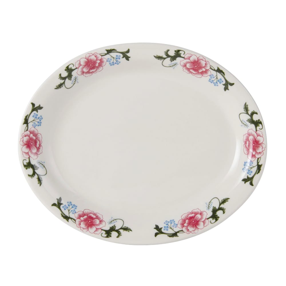 424-LCH096 9 3/4" x 8" Oval decorated Platter - China, Eggshell/Western Rose