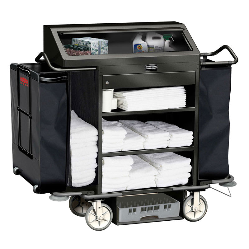 Rubbermaid FG9T6400 BLA Deluxe High Security Housekeeping Cart - 3-Shelf, 15.3 cu ft Capacity, Black