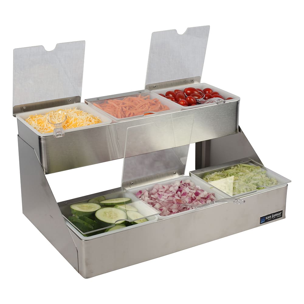 San Jamar B4706INL Gourmet Condiment Tray, 2 Tier, 6 Qt, Notched Lids, SS