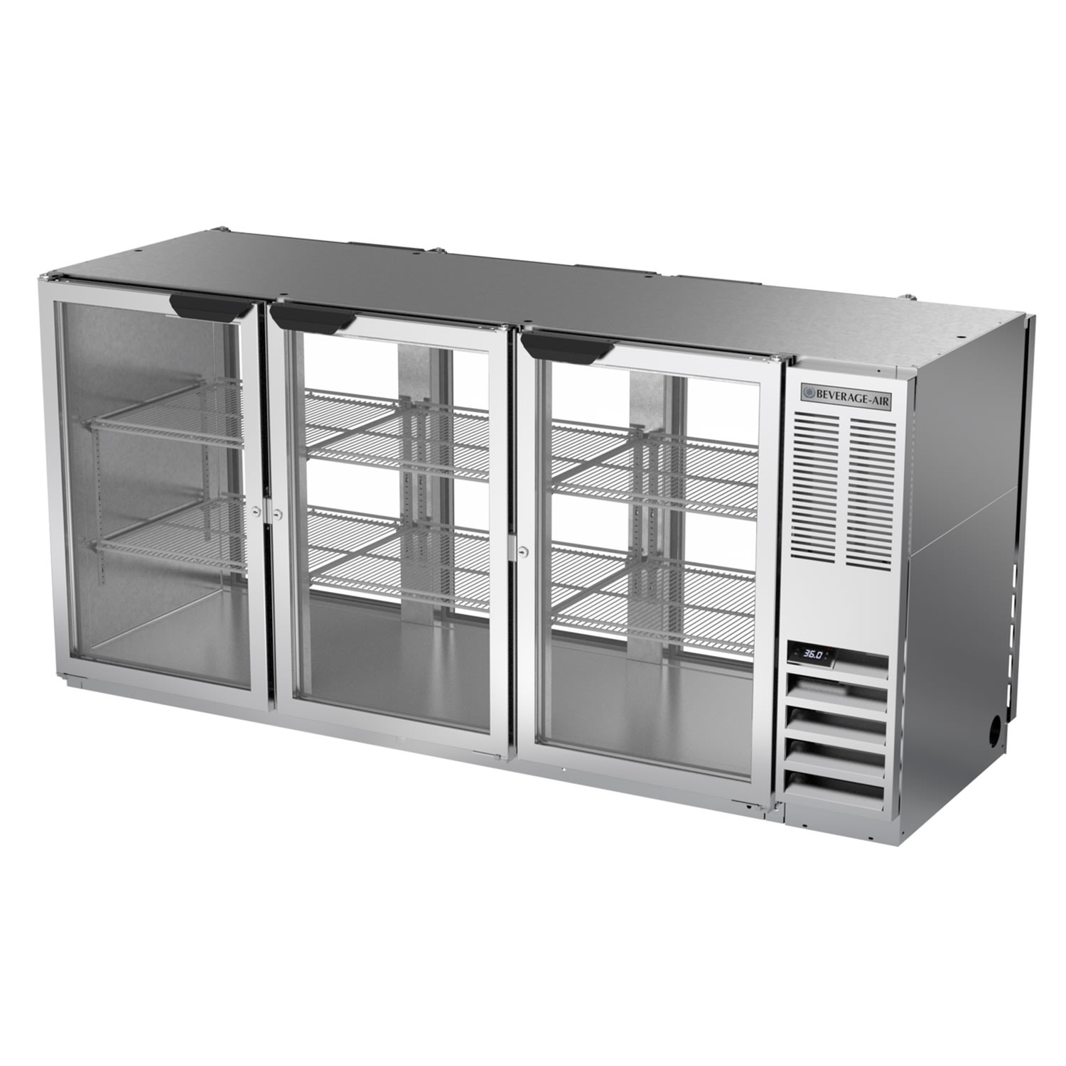 Beverage Air BB72HC-1-F-G-PT-S 72" (3) Section Bar Pass Thru Refrigerator - Swinging Glass Doors, 115v