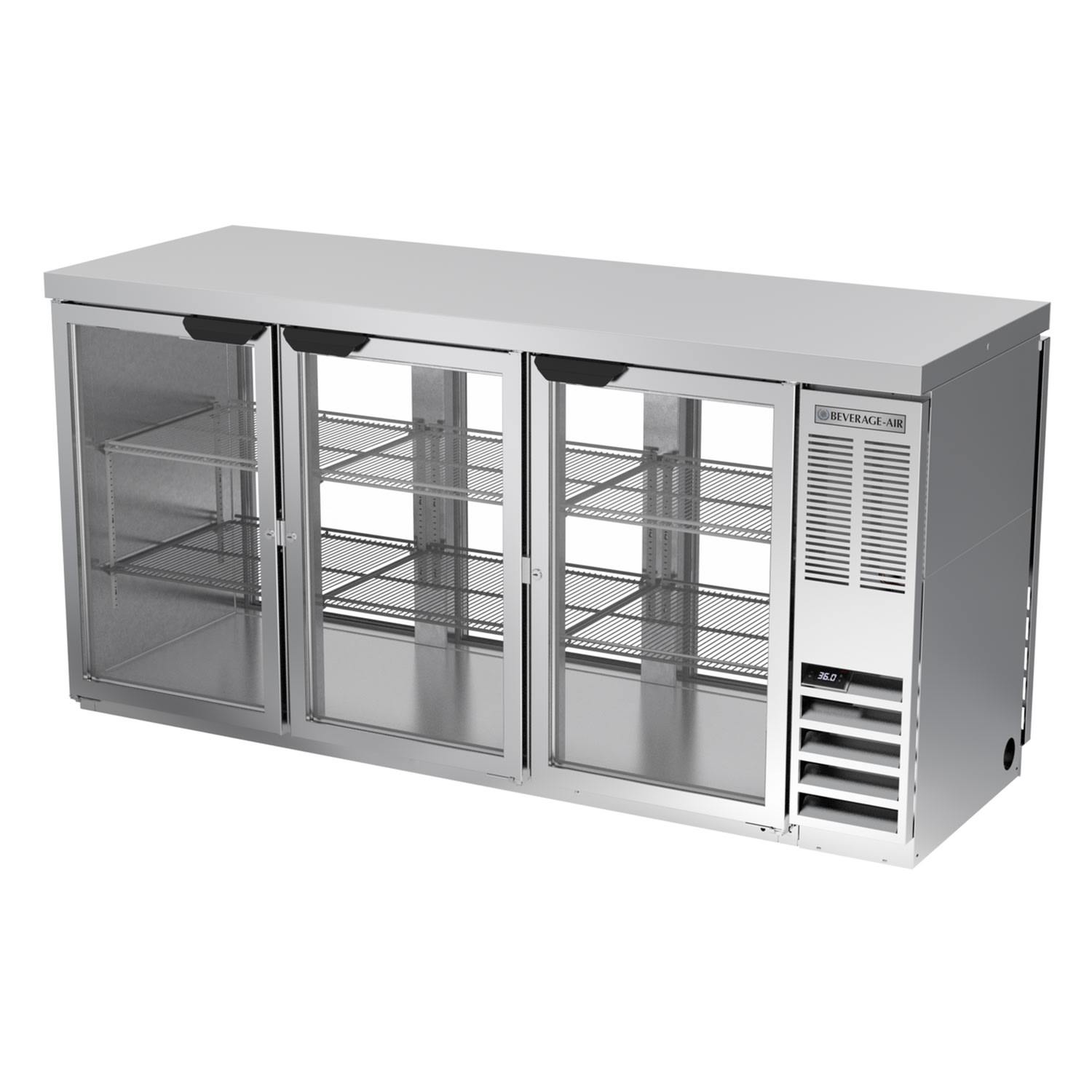 Beverage Air BB72HC-1-F-G-PT-S-27 72" (3) Section Bar Pass Thru Refrigerator - Swinging Glass Doors, 115v