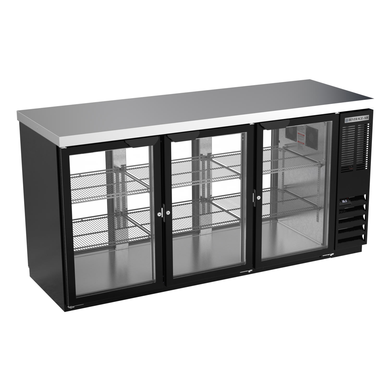 Beverage Air BB72HC-1-G-PT-B-27 72" (3) Section Bar Pass Thru Refrigerator - Swinging Glass Doors, 115v