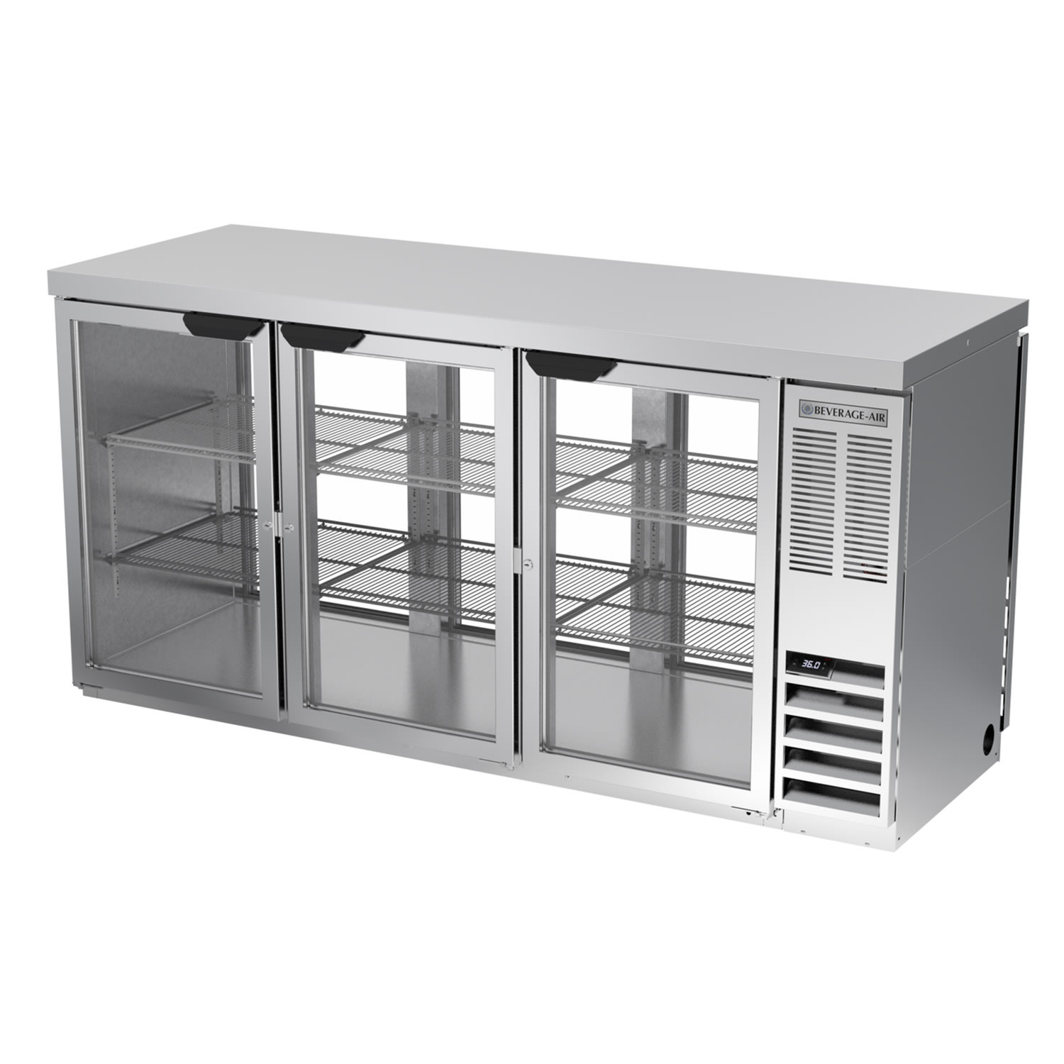 Beverage Air BB72HC-1-G-PT-S-27 72" (3) Section Bar Pass Thru Refrigerator - Swinging Glass Doors, 115v