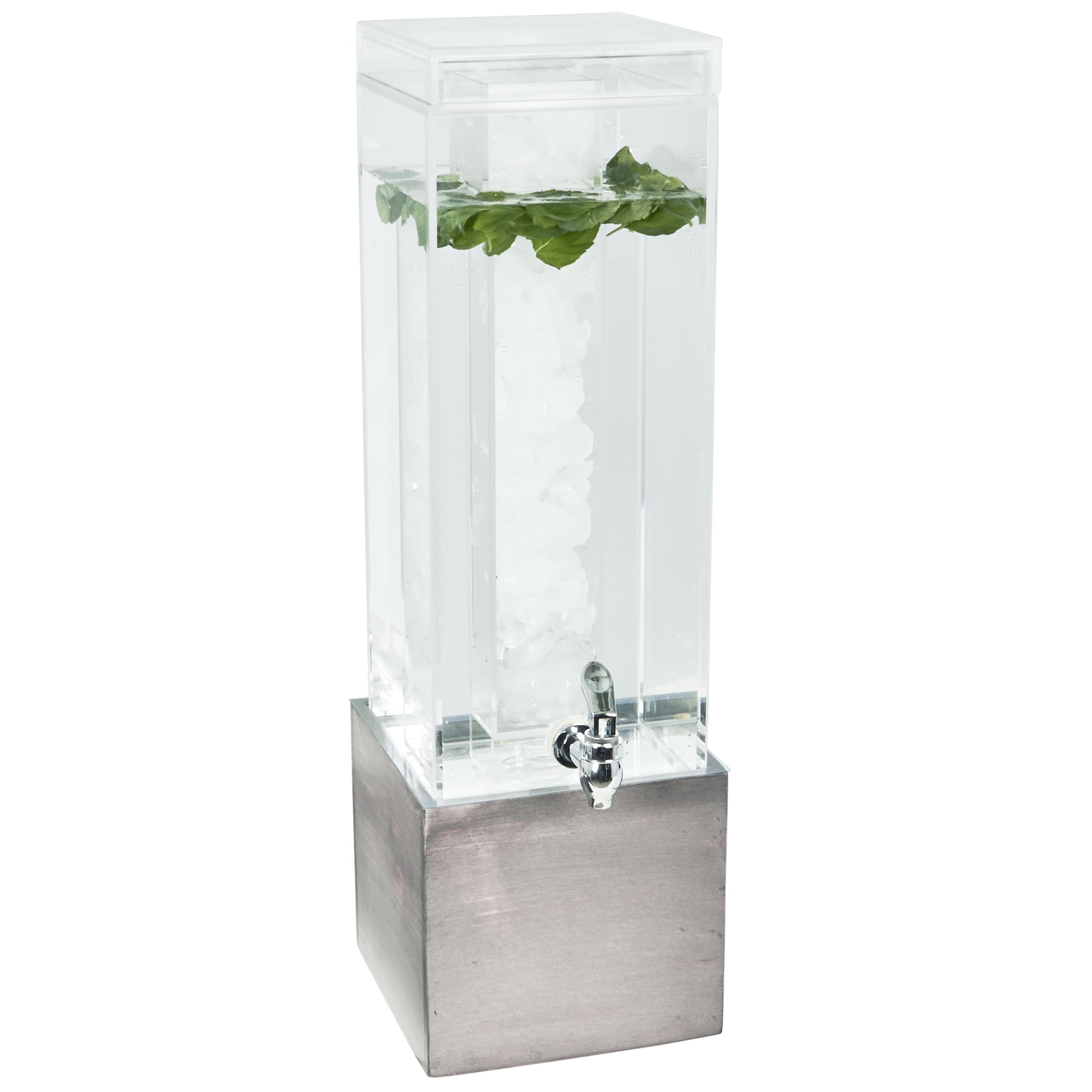 Cal-Mil 1527-3-110 gal Beverage Dispenser w/ Ice Chamber  Drip Tray  Clear Plastic Container/Gray Washed Base