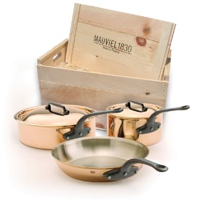 Mauviel 6501.00WC 5-Piece M'heritage Cookware Set w/ Cast Iron Handles, Wood Crate