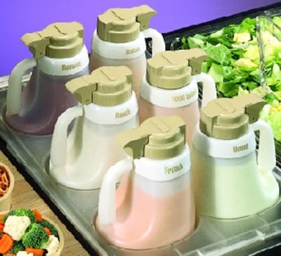 Tablecraft 481 Salad Dressing Dispenser Set, 1 Clear Insert Holder, 6 Dispensers