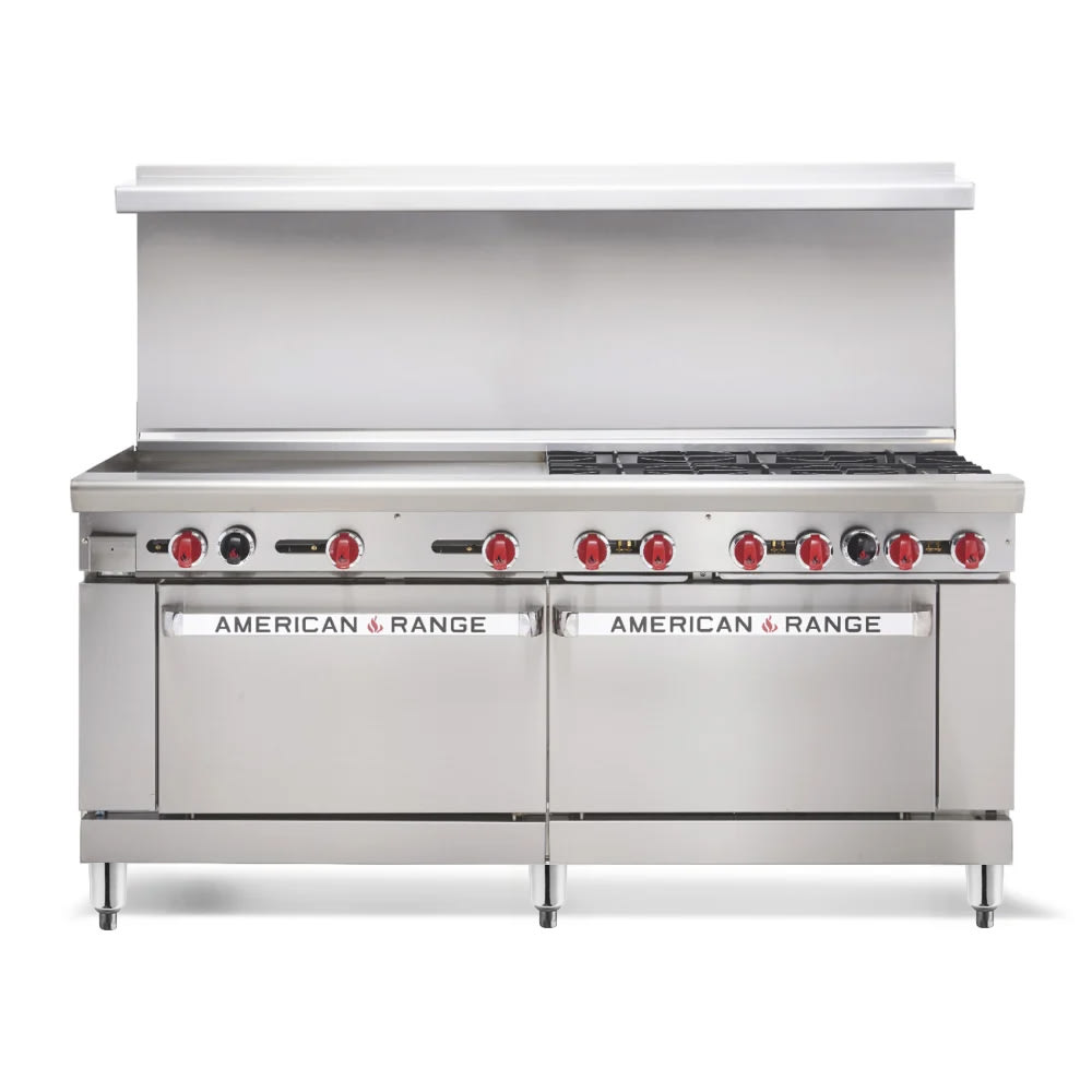 MoTak MR10-RGB24-N-C-S 60 6 Burner Commercial GAS Range w/ Griddle & (2) Standard Ovens, Convertible, 6 Open Burners w/ Griddle Broiler, 2 Ovens