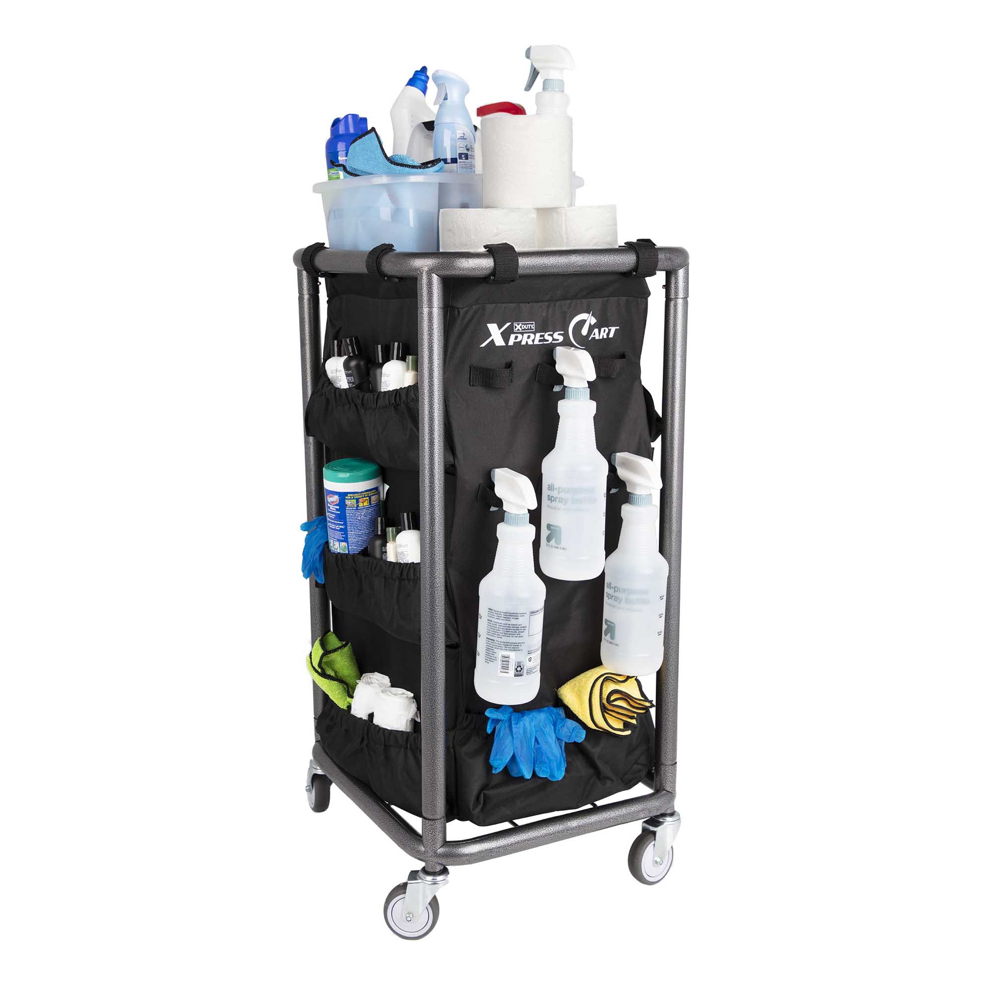 Hospitality 1 Source XDXP01-DLX Xpress Cart™ Housekeeping Cart w/ Black  Polyester Bag - 38L x 19W x 41H, Hammerstone Steel