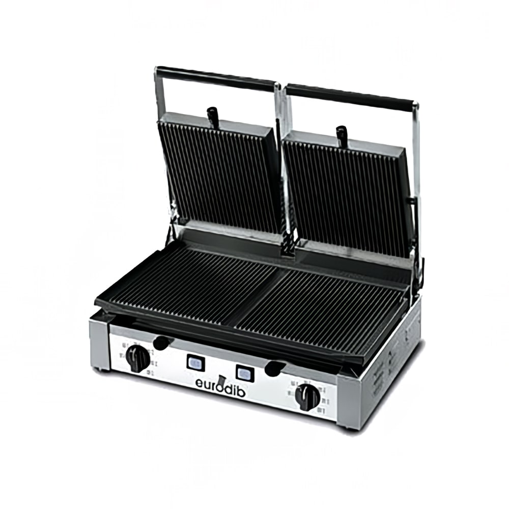 Globe GPGDUE10 Double Commercial Panini Press w/ Cast Iron Grooved Plates, 240V/1PH