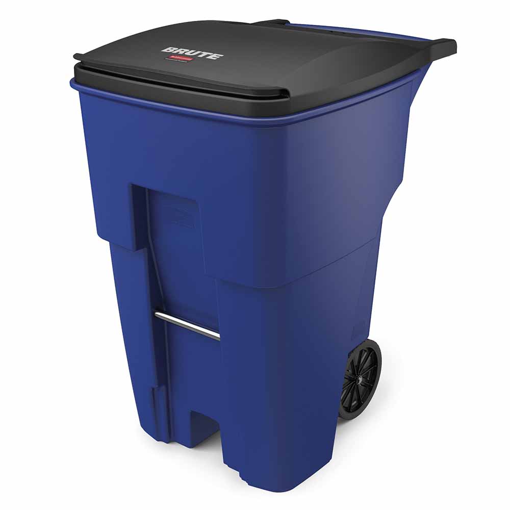 Rubbermaid BRUTE 55 Gallon Blue Round Trash Can with Lid and Dolly