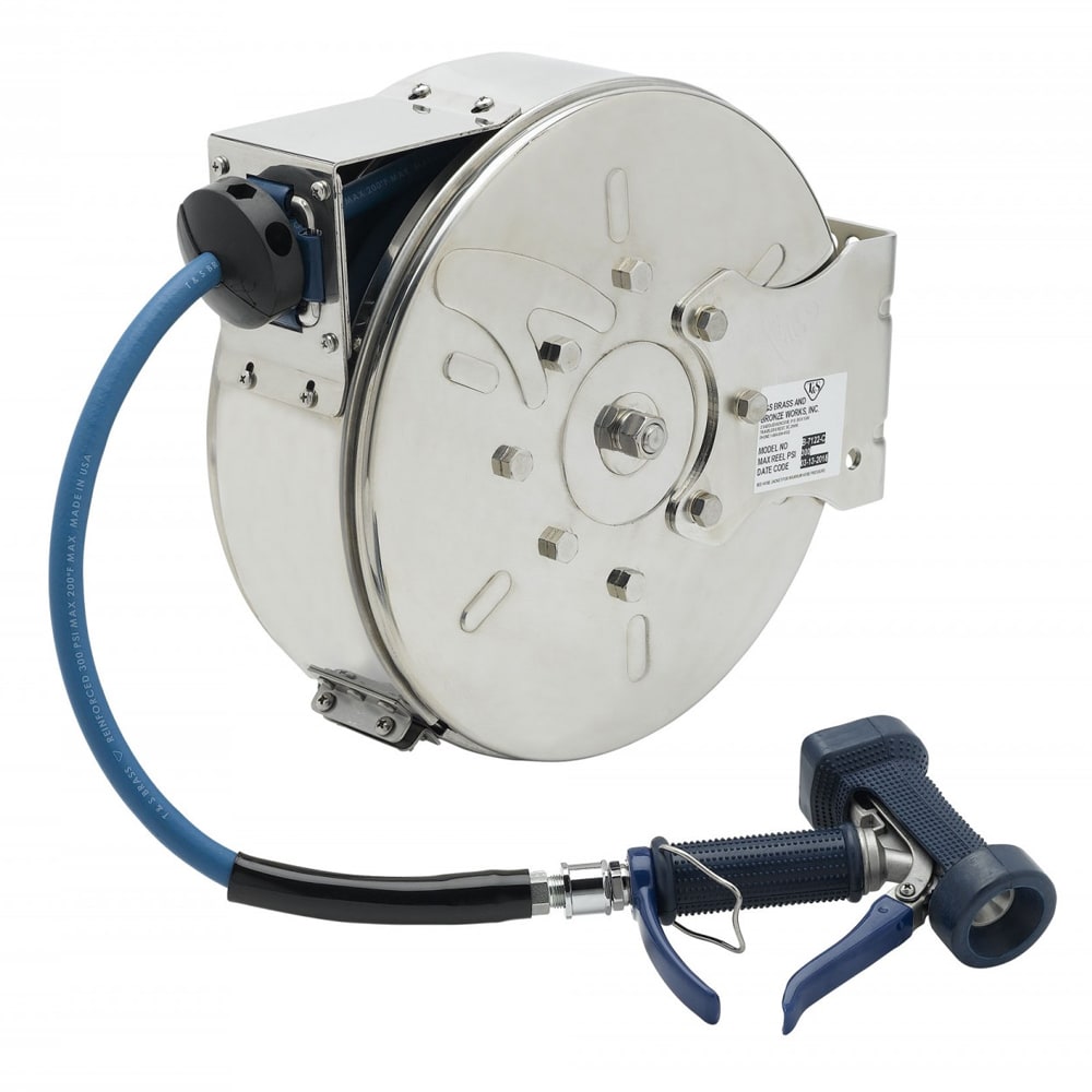 T&S Brass (B-7122-C05) 30' Enclosed Stainless Steel Hose Reel with Front Trigger Water Gun