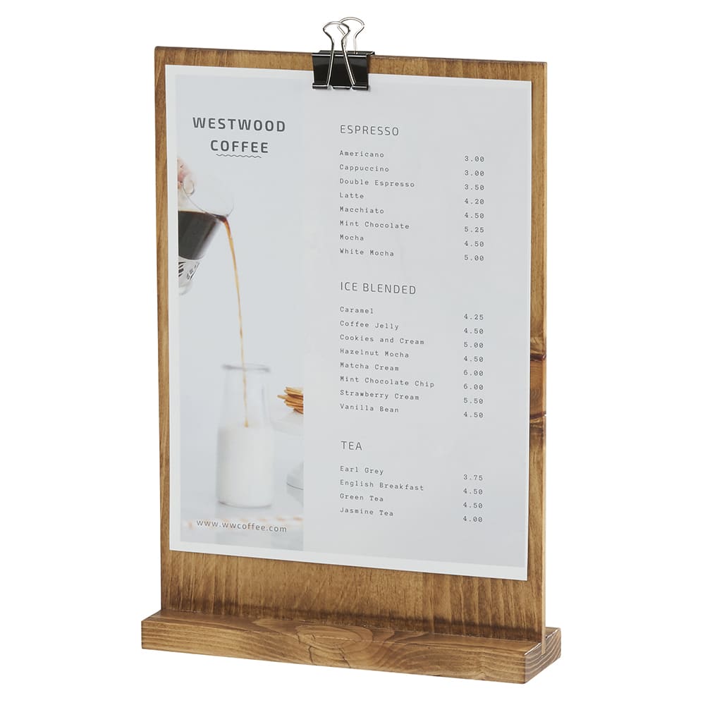 Cal-Mil 2036-811-99 Tabletop Clipboard Menu Card Holder - 9 1/4W x 13  1/2H, Pine Wood