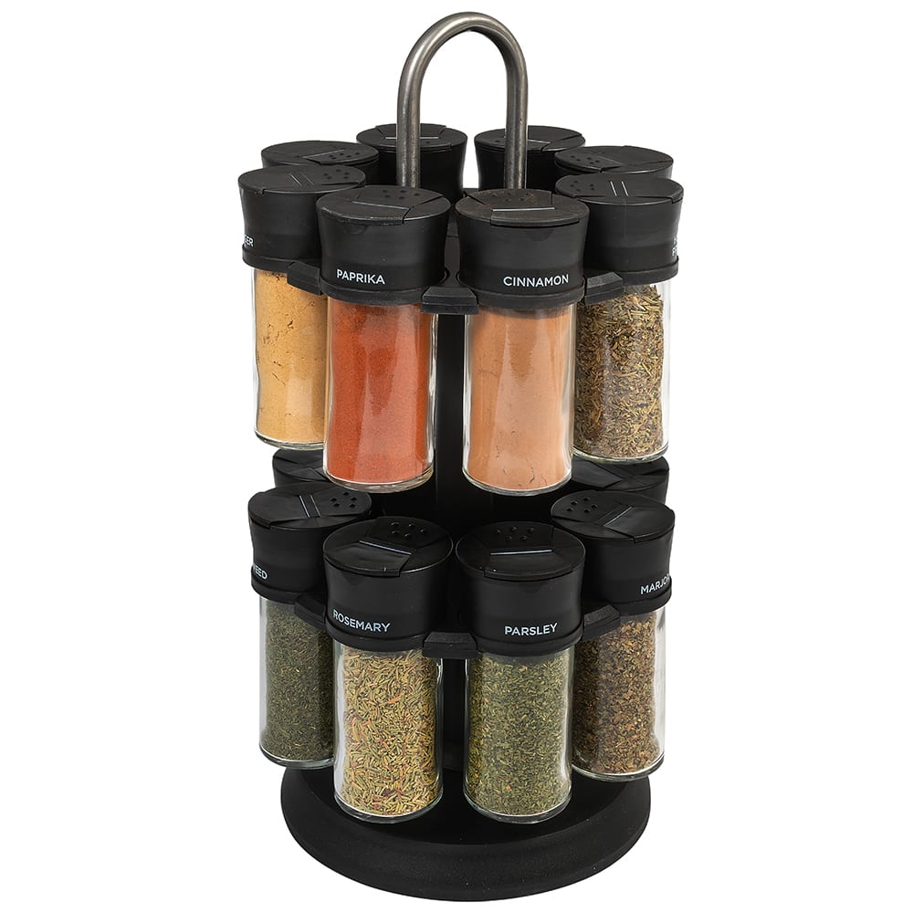 Made Easy Kit Spice and Seasoning Jar Carousel Organizer with Pestle and Mortar (Black)