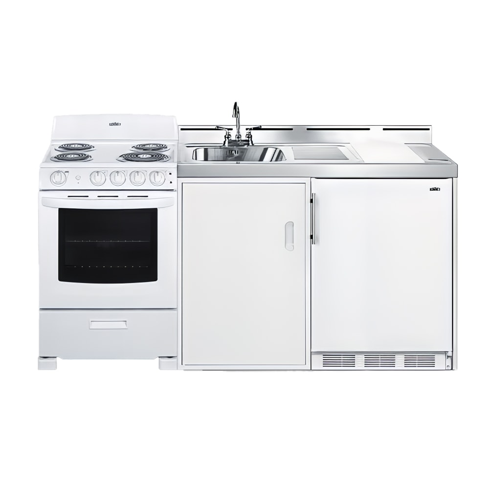 Summit ACK72COILW 71 1/2 Kitchenette w/ Sink, Electric Coil Range, &  Refrigerator/Freezer - White, 115v/220v/1ph