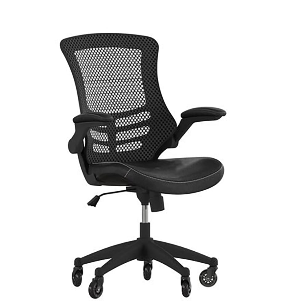 Flash Furniture BL-X-5M-LEA-RLB-GG Swivel Office Chair w/ Mid Back & Roller  Wheels - Black Mesh Back & LeatherSoft Seat