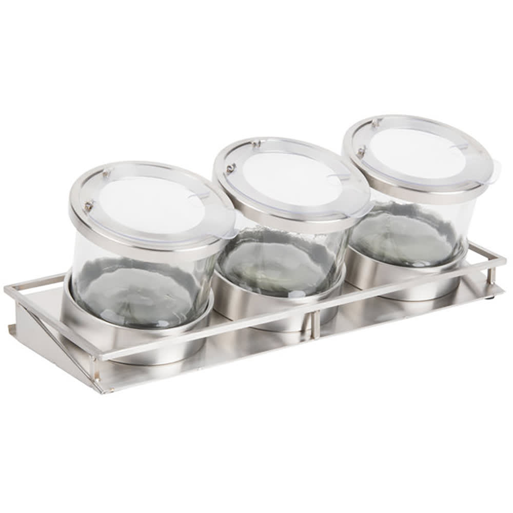 Choice 2-Compartment Wire Condiment Caddy with (2) 7 oz. Glass Jars and (2)  Stainless Steel Lids