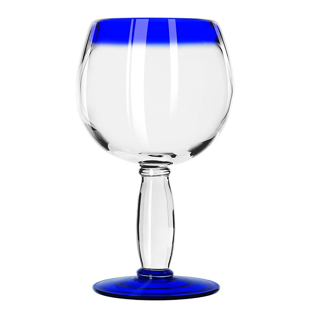 Hand Blown Mexican Stemless Wine Glasses - Glasses With Cobalt Blue Rims  (15 Oz)