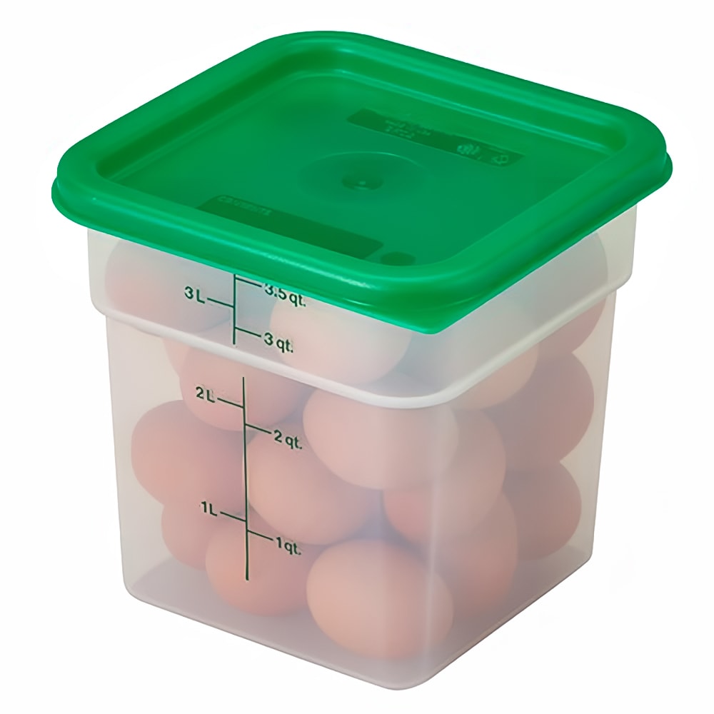 Carlisle 4 Qt. Clear Square Polycarbonate Food Storage Container and Green  Lid - 3/Pack