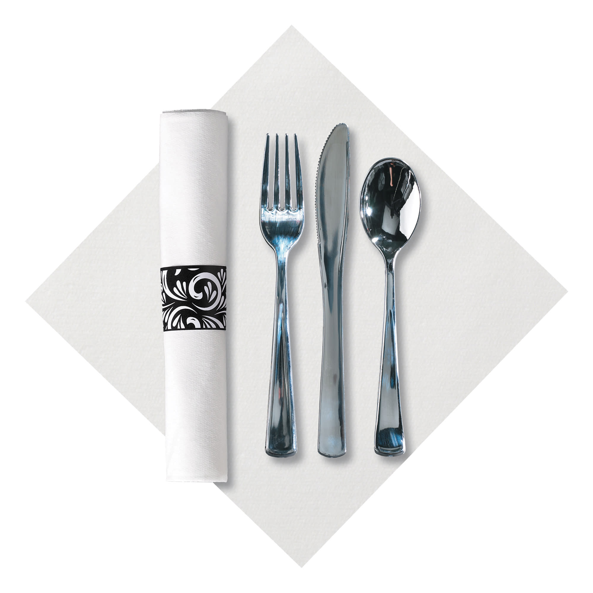 Hoffmaster 8.5 in Pre-rolled Linen-Like CaterWrap White Dinner Napkins with Black Cutlery 200 ct. Wholesale