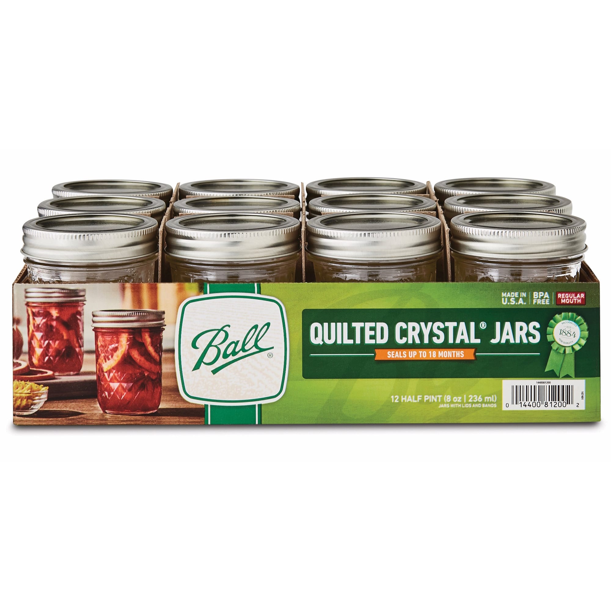 Ball 1440081200 8 oz Quilted Jelly Jar w/ Lid & Band - Regular Mouth